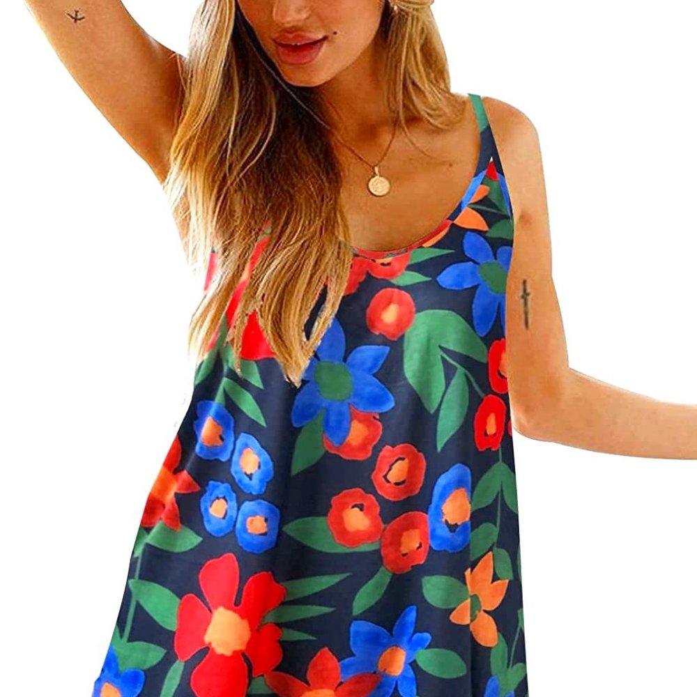 Womens Boho Floral Printed Dress Summer Sleeveless Adjustable Strap Beach dress